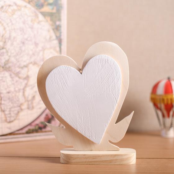Χειροποίητο ξύλινο διακοσμητικό διπλή Καρδιά με βάση "Μήνυμα : Happy Wedding Heart" 16cm + κουτί δώρου με κορδέλα