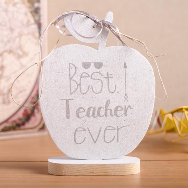 Χειροποίητο ξύλινο διακοσμητικό Μήλο με βάση "Μήνυμα : Best teacher ever 2" 16cm + κουτί δώρου με κορδέλα