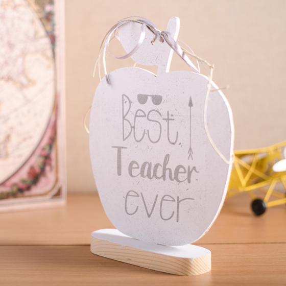 Χειροποίητο ξύλινο διακοσμητικό Μήλο με βάση "Μήνυμα : Worlds Best teacher" 16cm + κουτί δώρου με κορδέλα