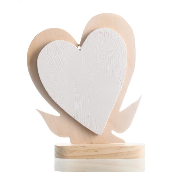 Χειροποίητο ξύλινο διακοσμητικό διπλή Καρδιά με βάση "Μήνυμα : Happy Wedding" 16cm + κουτί δώρου με κορδέλα