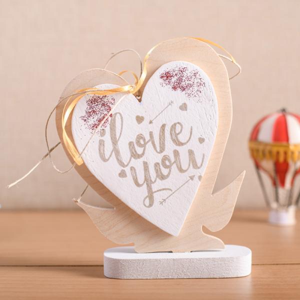 Χειροποίητο ξύλινο διακοσμητικό διπλή Καρδιά με βάση "Μήνυμα : I Love you Hearts" 16cm + κουτί δώρου με κορδέλα