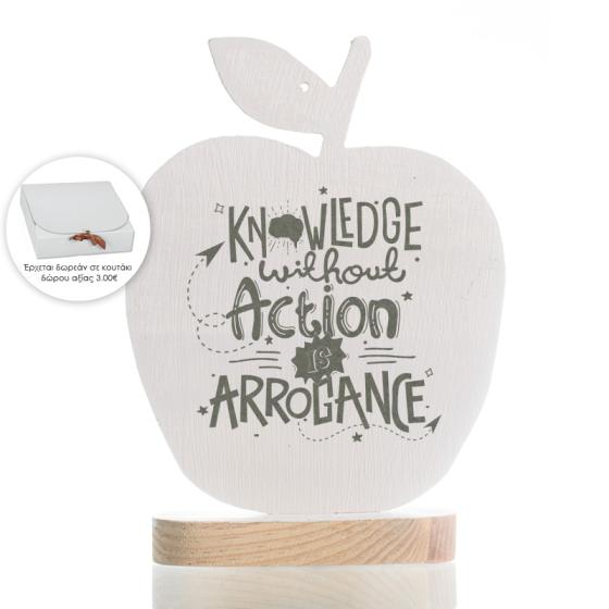 Χειροποίητο ξύλινο διακοσμητικό Μήλο με βάση "Μήνυμα : Knowledge" 16cm + κουτί δώρου με κορδέλα